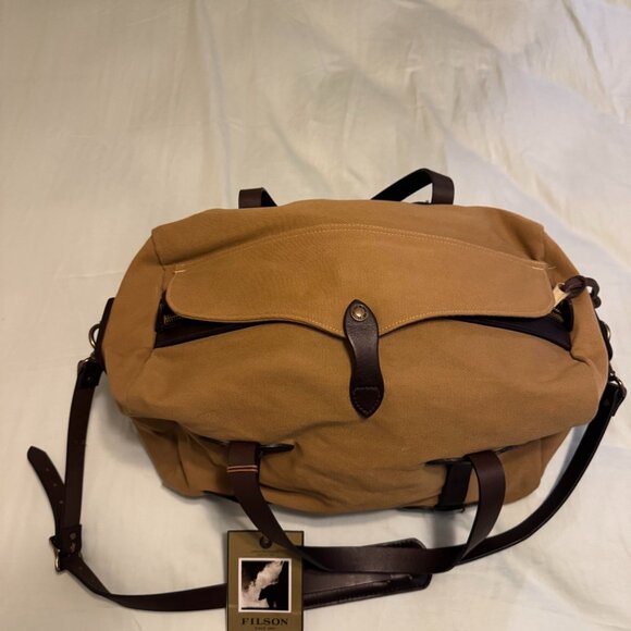 Filson Small Duffel Bag Tan Rugged Twill Brass Hardware Leather Straps NWT - Picture 2 of 7